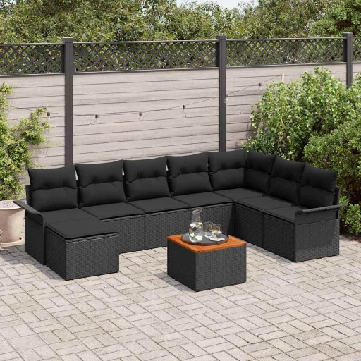 Conjunto de Sofás de Jardín   Negro Ratán Sintético (9 pcs)