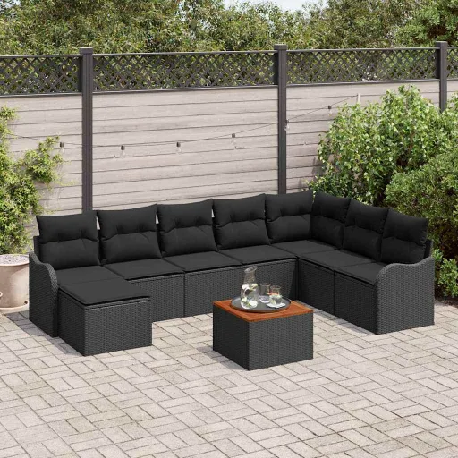 Conjunto de Sofás de Jardín   Negro Ratán Sintético (9 pcs)