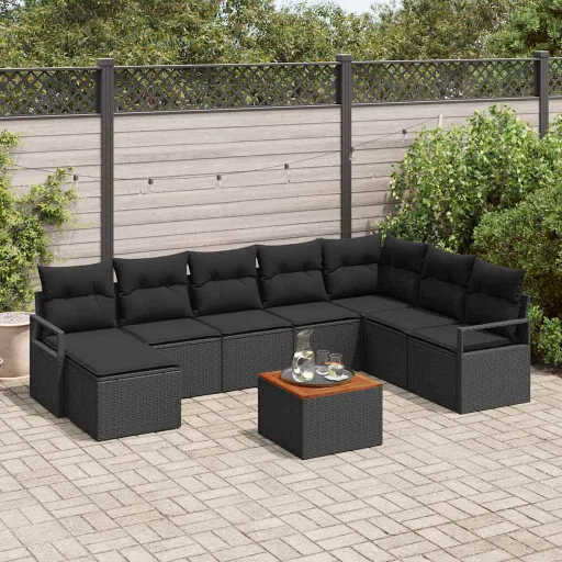 Conjunto de Sofás de Jardín   Negro Ratán Sintético (9 pcs)