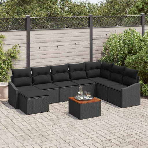Conjunto de Sofás de Jardín   Negro Ratán Sintético (9 pcs)