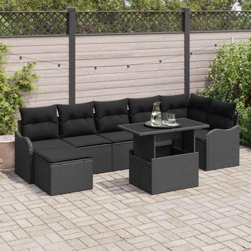 Conjunto de Sofá de Jardín Con Cojín   Negro Poliratán (8 pcs)