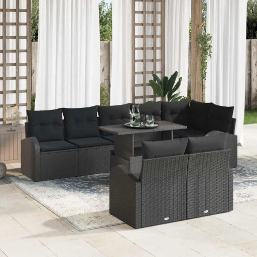 Conjunto de Sofá de Jardín Con Cojín   Negro Poliratán (9 pcs)