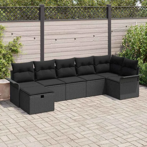 Conjunto de Sofá de Jardín Con Cojín   Negro Poliratán (7 pcs)