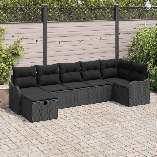 Conjunto de Sofá de Jardín Con Cojín   Negro Poliratán (7 pcs)