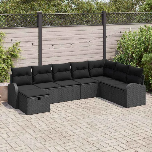 Conjunto de Sofá de Jardín Con Cojín   Negro Poliratán (8 pcs)