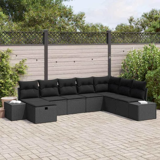 Conjunto de Sofá de Jardín Con Almohada   Negro Poliratán (8 pcs)