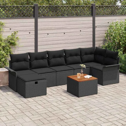 Conjunto de Sofás de Jardín Con Cojín   Negro Poliratán (8 pcs)
