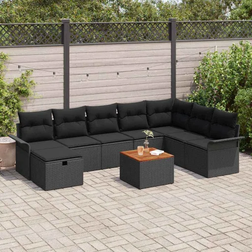 Conjunto de Sofás de Jardín Con Cojín   Negro Poliratán (9 pcs)