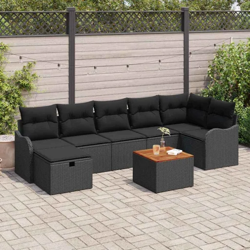 Conjunto de Sofás de Jardín Con Cojín   Negro Poliratán (8 pcs)