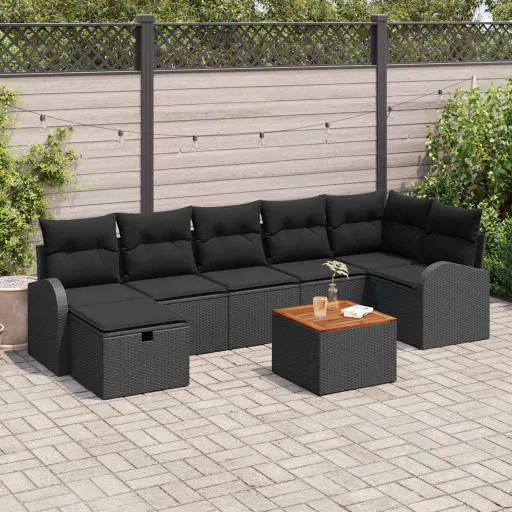 Conjunto de Sofás de Jardín Con Cojín   Negro Poliratán (8 pcs)
