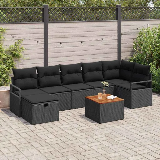 Conjunto de Sofás de Jardín Con Cojín   Negro Poliratán (8 pcs)