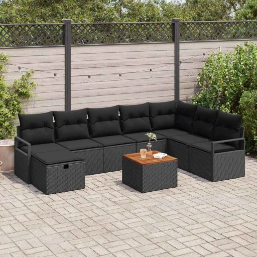 Conjunto de Sofás de Jardín Con Cojín   Negro Poliratán (9 pcs)