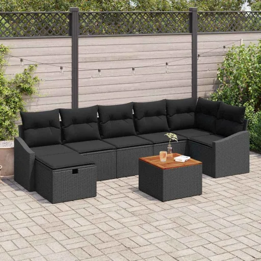 Conjunto de Sofás de Jardín Con Cojín   Negro Poliratán (8 pcs)