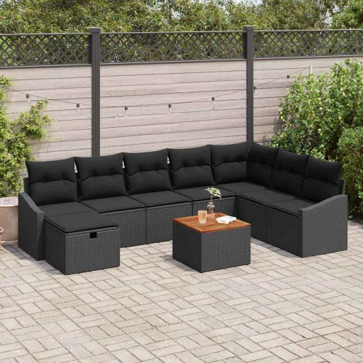 Conjunto de Sofás de Jardín Con Cojín   Negro Poliratán (9 pcs)