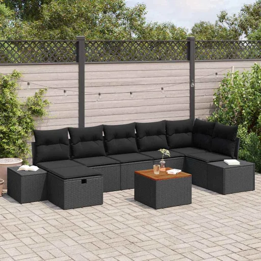 Conjunto de Sofás de Jardín Con Cojín   Negro Poliratán (8 pcs)