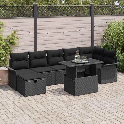 Conjunto de Sofá de Jardín Con Cojín   Negro Poliratán (8 pcs)