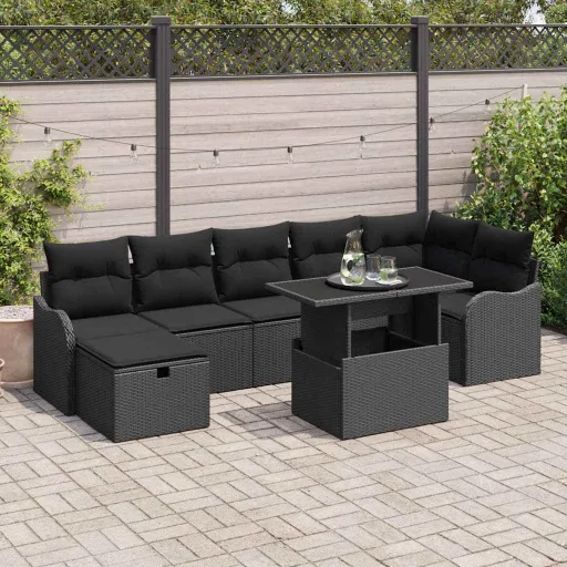 Conjunto de Sofá de Jardín Con Cojín   Negro Poliratán (8 pcs)