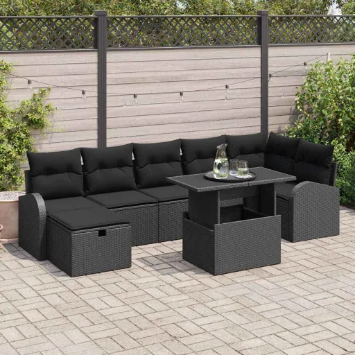 Conjunto de Sofá de Jardín Con Cojín   Negro Poliratán (8 pcs)