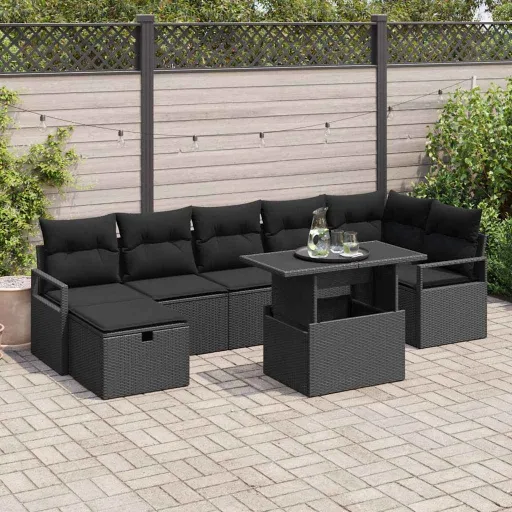 Conjunto de Sofá de Jardín Con Cojín   Negro Poliratán (8 pcs)