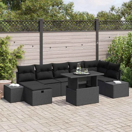 Conjunto de Sofá de Jardín   Negro Ratán Sintético (8 pcs)