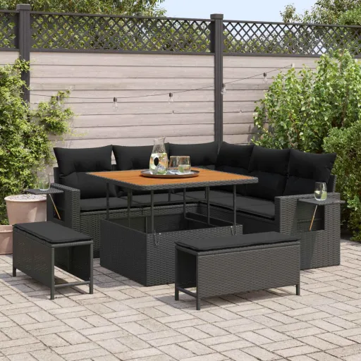 Conjunto de Sofás de Jardín   Negro Ratán Sintético (9 pcs)