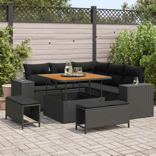 Conjunto de Sofá de Jardín Con Cojín Con Almohada   Negro (8 pcs)