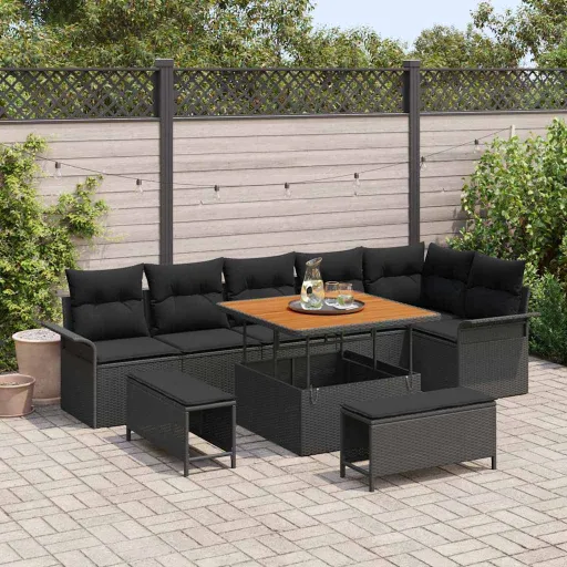Conjunto de Sofá de Jardín Con Cojín Con Almohada   Negro (9 pcs)
