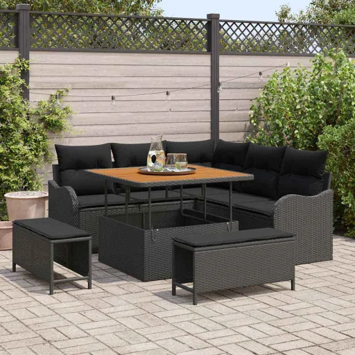 Conjunto de Sofá de Jardín Con Cojín Con Almohada   Negro (8 pcs)