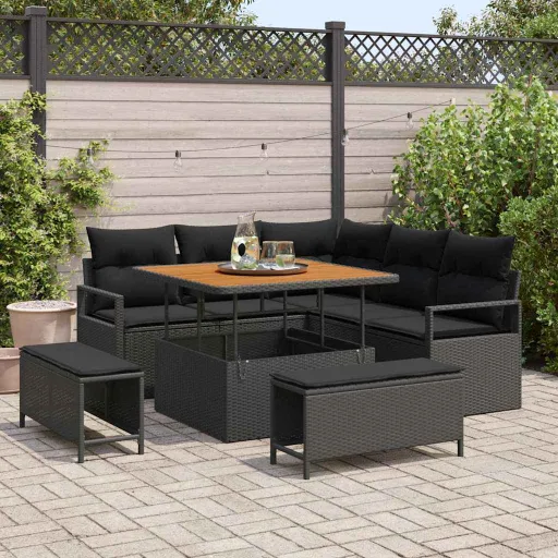 Conjunto de Sofá de Jardín Con Cojín Con Almohada   Negro (8 pcs)