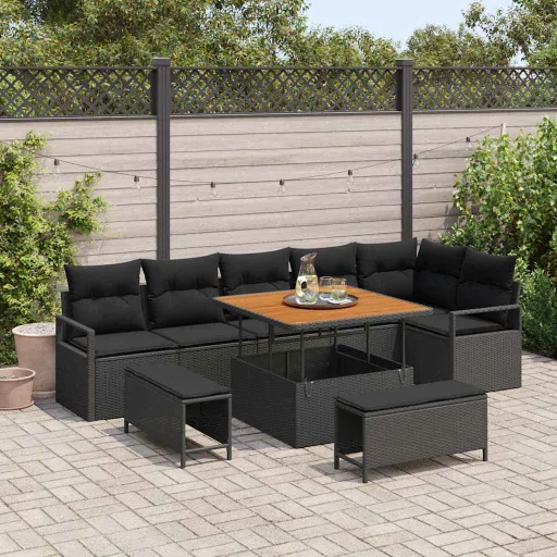 Conjunto de Sofá de Jardín Con Cojín Con Almohada   Negro (9 pcs)