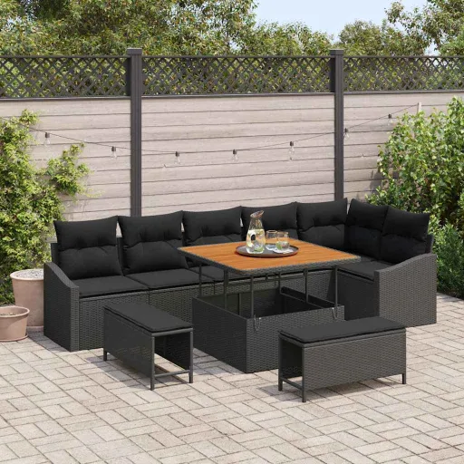 Conjunto de Sofás de Jardín Con Cojín   Negro Poliratán (9 pcs)