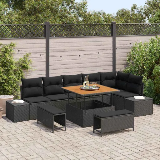 Conjunto de Sofás de Jardín Con Cojín   Negro Poliratán (9 pcs)