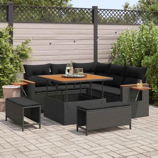 Conjunto de Sofás de Jardín   Negro Ratán Sintético (9 pcs)