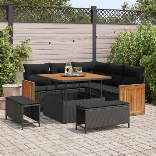 Conjunto de Sofás de Jardín   Negro Ratán Sintético (9 pcs)
