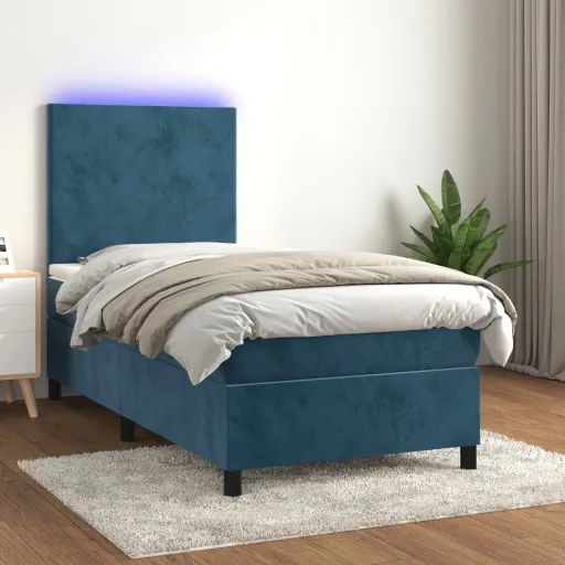 Cama Box Spring Colchón y LED Terciopelo Azul Oscuro 90x190 cm