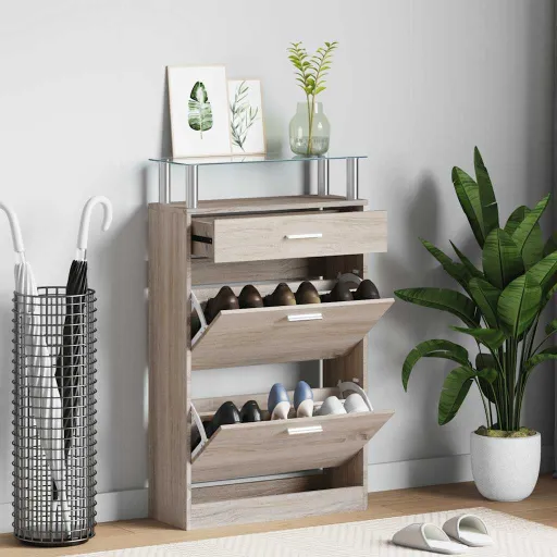Mueble Zapatero Cajón y Estante Superior Vidrio Aspecto Madera
