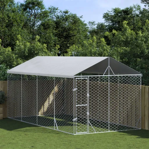 Perrera de Exterior Con Toldo Acero Galvanizado Plata 3x6x2,5 m