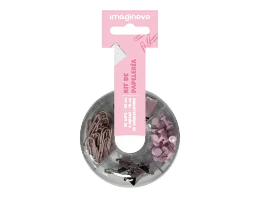 Set de Papeleria Imaginovo Con Clips 28mm Pinzas 19mm y Chinchetas Rosa