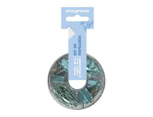 Set de Papeleria Imaginovo Con Clips 28mm Pinzas 19mm y Chinchetas Azul