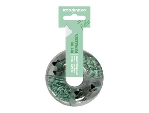 Set de Papeleria Imaginovo Con Clips 28mm Pinzas 19mm y Chinchetas Verde