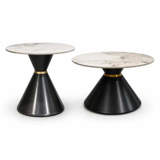 Conjunto Mesas de Centro Lumina Negro Dorado Piedra Diseño Moderno