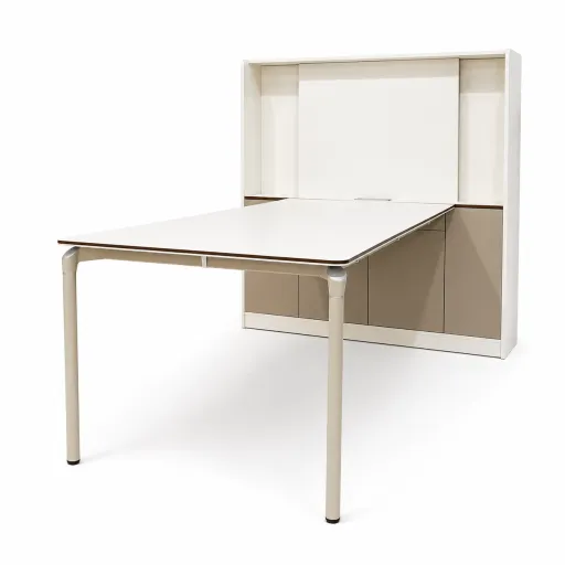 Mesa de Reunión Con Armario Alva Riva 2400x1600 Blanca, Estructura Metálica y Almacenaje Integrado