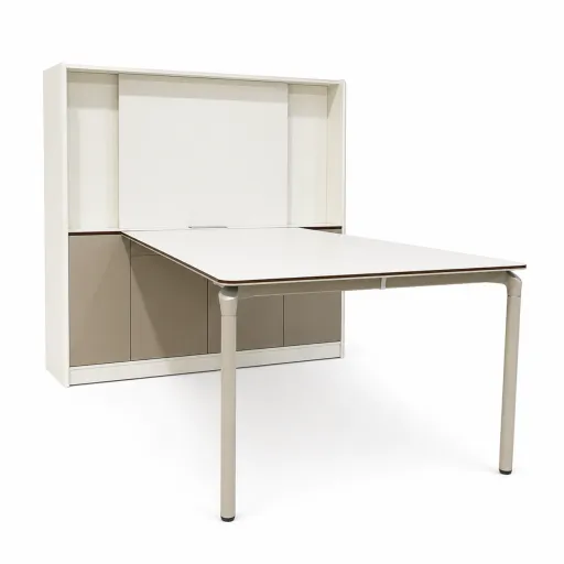 Mesa de Reunión Con Armario Alva Riva 2400x1600 Blanca, Estructura Metálica y Almacenaje Integrado