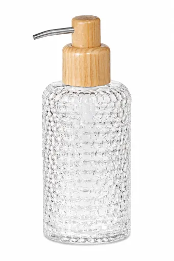 Dosificador de Jabón de Vidrio Transparente Con Madera de Fresno 330 ml Ø7,5 x 18 cm