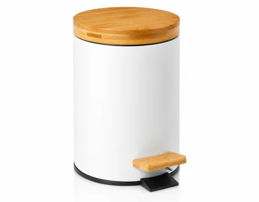 Cubo de Pedal Andrea House Blanco Mate y Bambú 3L Ø17x26 cm – Diseño Compacto y Natural