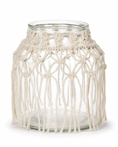 Portavelas de Vidrio y Macramé Beige 10 x 13 cm