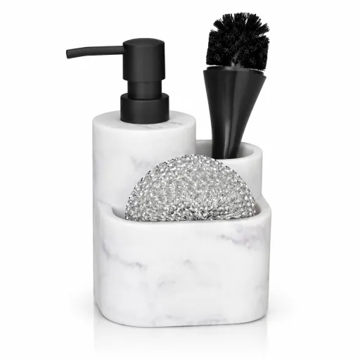 Dispensador de Cocina 3 en 1 Andrea House Efecto Mármol Blanco en Poliresina 18 cm