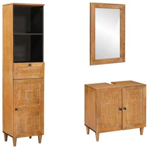 Juego de Muebles de Baño   Marrón Madera Maciza de Mango (3 pcs)