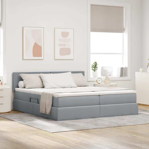 Cama Con Tira de Luces LED Gris Claro 200 x 200 cm Tela