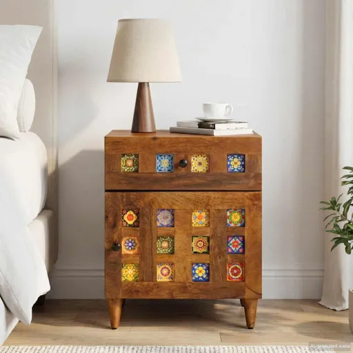 Armario de Noche Marrón 50 x 33 x 60 cm Madera de Mango Maciza